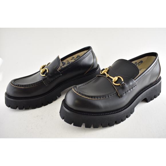 Gucci Cordovan Black Leather Horsebit Lug Sole Flat Platform Creeper Loafer 38.5 - Picture 14 of 16